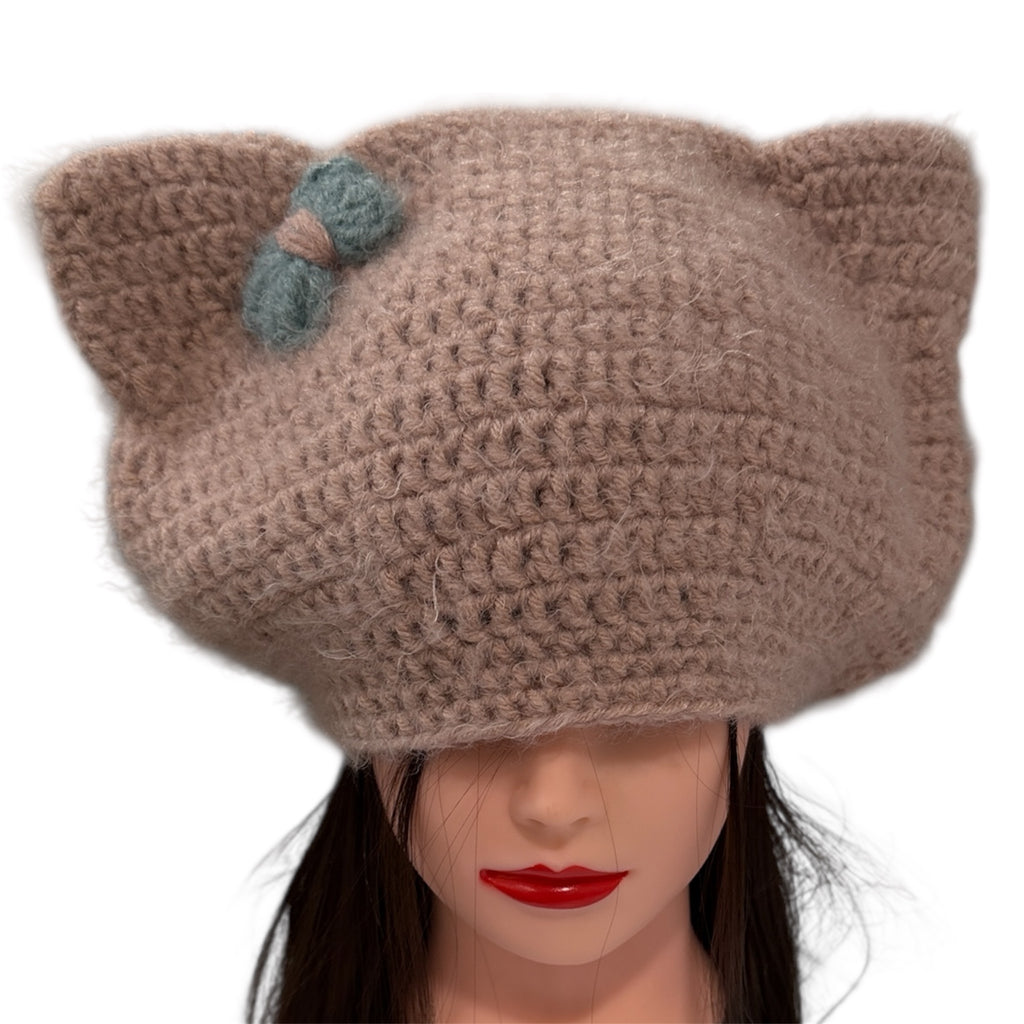 Crochet Custom Cat Ear Bennie Dusty Pink  with Light Blue bow - for kids and adults